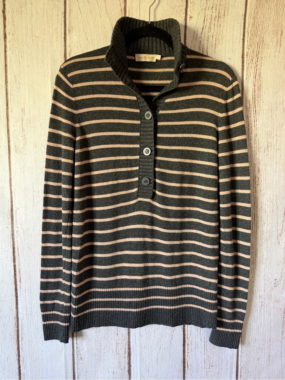 Tory Burch Striped Button Neck Sweater Small Gray Pink Cashmere Blend Logo